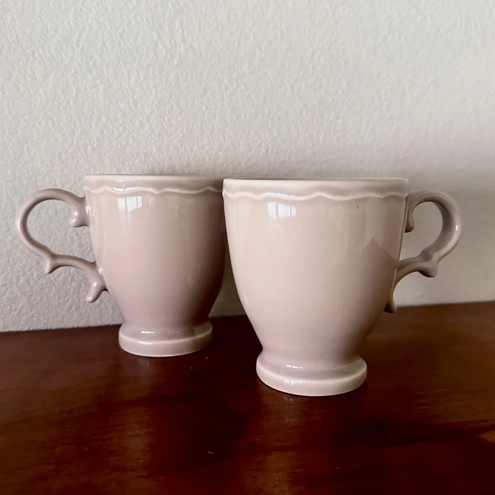 Pair of Williams Sonoma Tea - Coffee Mugs Footed, Beige Color, Ornate Handle